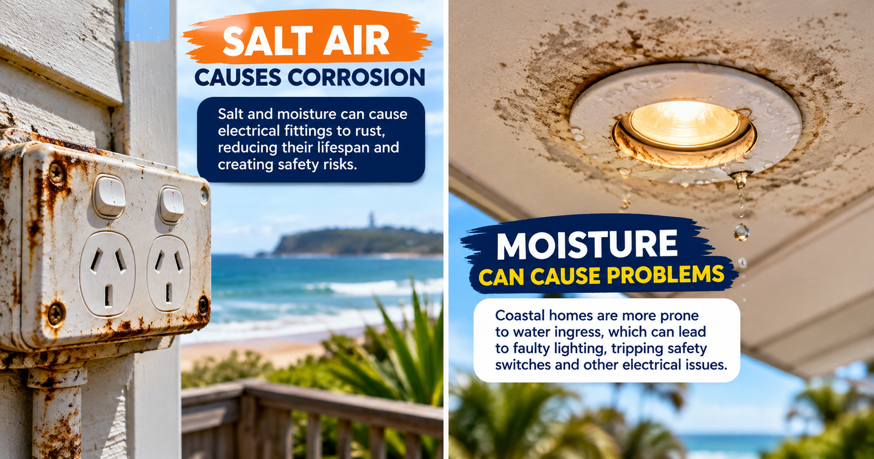 Common Electrical Problems In Coast Homes Electrician Maroochydore — Right Choice Electrical helps keep coastal homes safe from common electrical problems caused by salt air, corrosion and moisture. Regular electrical inspections can identify potential faults early and help keep your home safe and reliable.