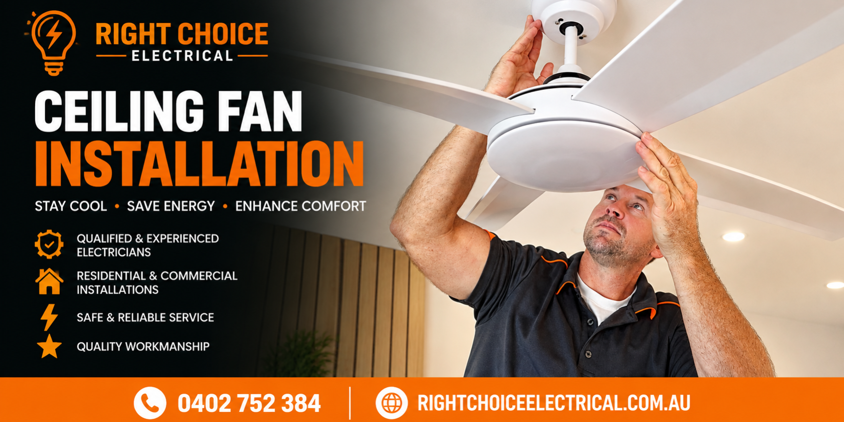 Ceiling Fan Installation Sunshine Coast Right Choice Electrical Electrician Sunshine Coast Ceiling Fan Installation & Replacement Ceiling fans are a practical way to improve airflow and comfort throughout your home, particularly during the warmer Sunshine Coast months. Right Choice Electrical provides professional ceiling fan installation and replacement, helping homeowners choose and install the right fan for bedrooms, living areas, patios and other suitable spaces.