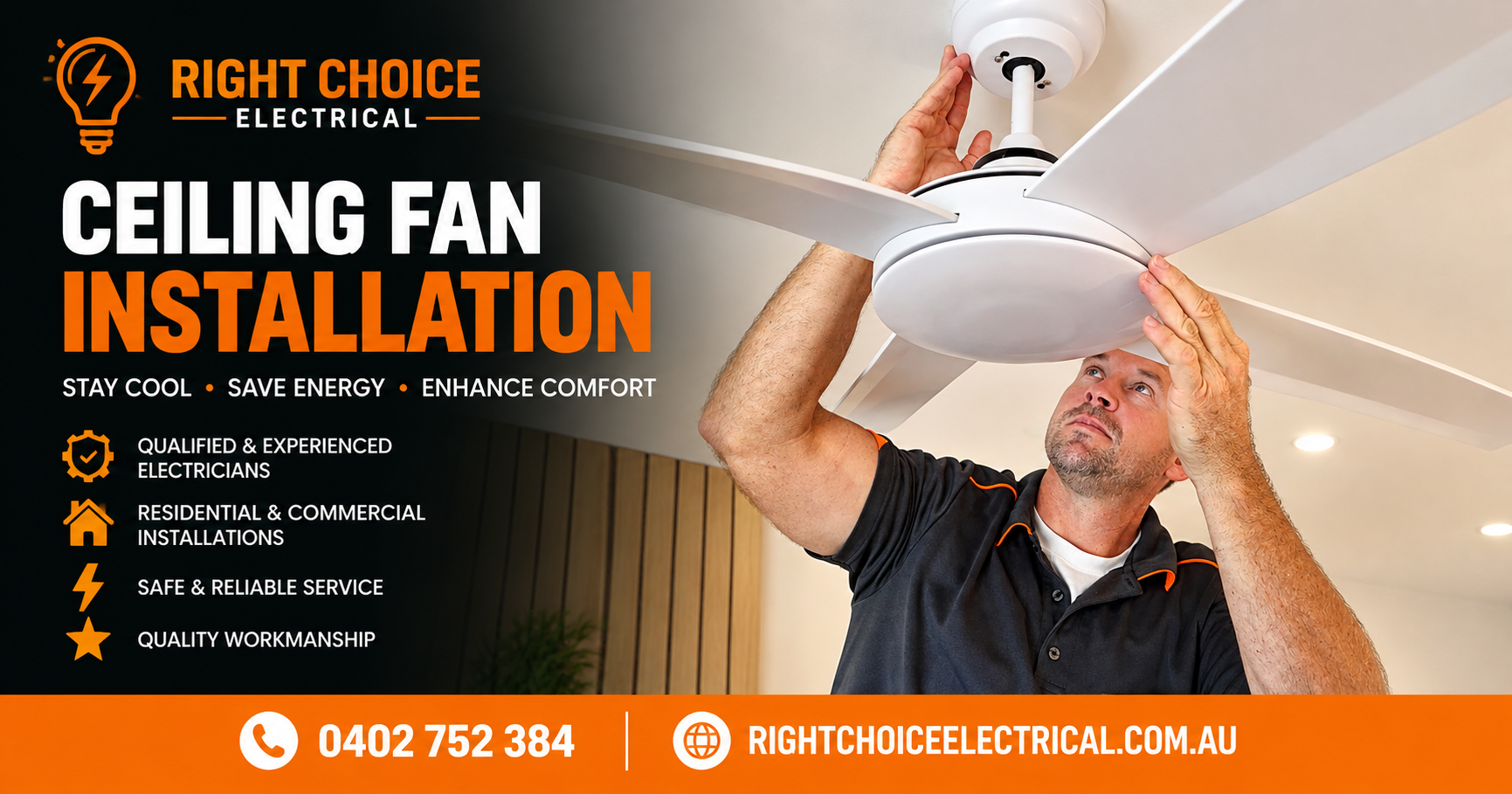 Right Choice Electrical Electrician Sunshine Coast Ceiling Fan Installation & Replacement Ceiling fans are a practical way to improve airflow and comfort throughout your home, particularly during the warmer Sunshine Coast months. Right Choice Electrical provides professional ceiling fan installation and replacement, helping homeowners choose and install the right fan for bedrooms, living areas, patios and other suitable spaces.